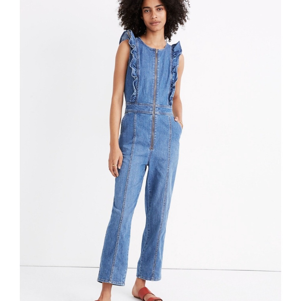 Madewell Denim Ruffle Sleeve Zip Front Jumpsuit Size 2 Blue Indigo Romper AL314